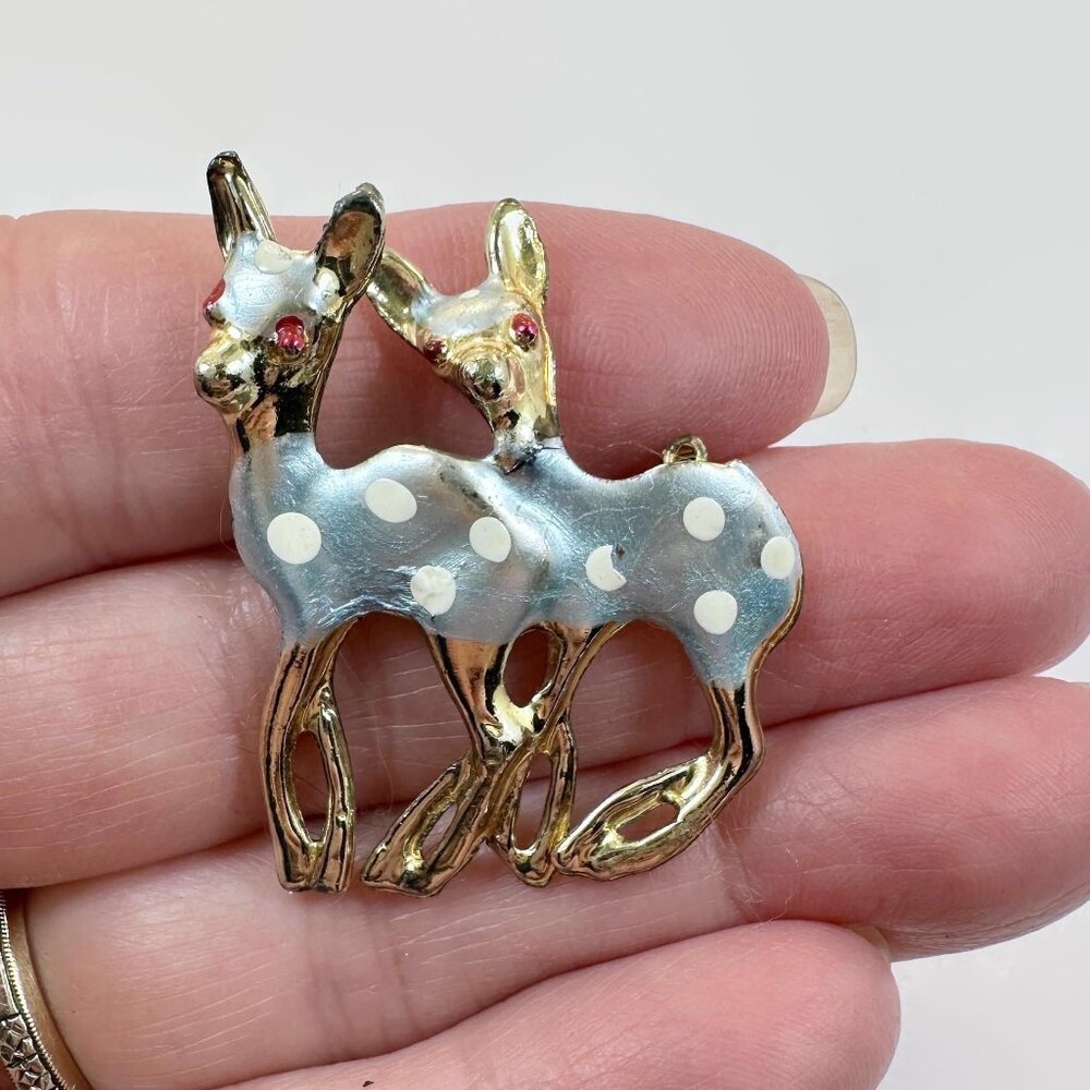 Deer Brooch, Fawn, Gold Tone, Enamel, Icy Blue, 60s, Unique, Unusual, Vintage